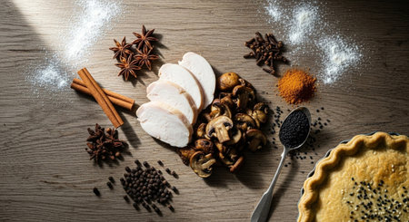 Ingredients for homemade pie with chicken, mushrooms and spices on wooden table