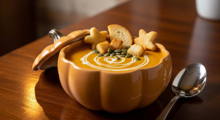 Pumpkin cream soup with crackers on a wooden table.の写真素材