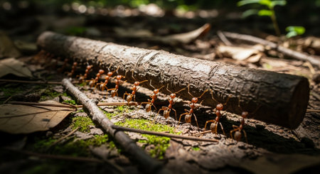 Ants on a log in the forest. Shallow depth of field.