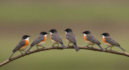 Group of Redstart (Phoenicurus phoenicurus) perched on a branch