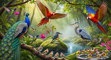 Beautiful exotic birds in the jungle,3d rendering. Computer digital drawing.の写真素材