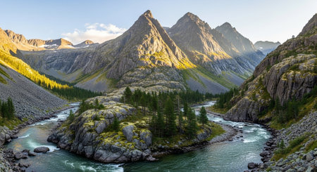 Panoramic view of the mountain river in the Altai Republic.