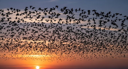 A flock of birds flying in the sky at sunset. Birds in the nature.