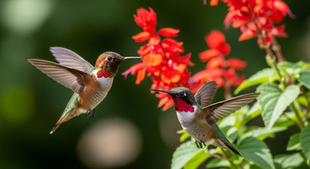 Ruby-throated Hummingbird (archilochus colubris) feeding on a red flower