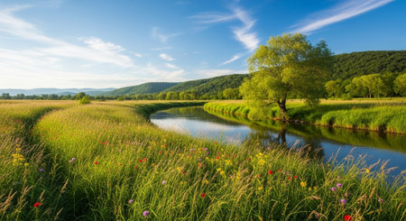 Panoramic view of river and meadow with wildflowers in spring