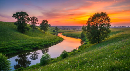 Sunset over the river and meadow with green grass and treesの写真素材