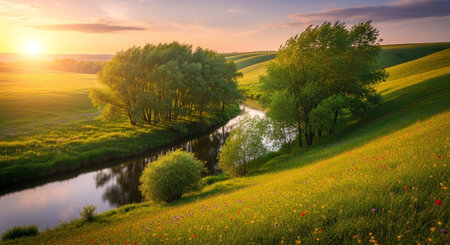 Beautiful spring landscape with meadow and river at sunset. Panorama