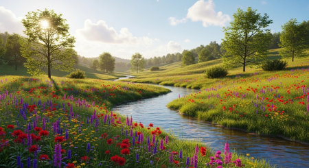 Beautiful spring landscape with wildflowers and river in the morningの写真素材