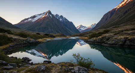 Landscape of New Zealand alps and lake at sunrise with reflectionの写真素材