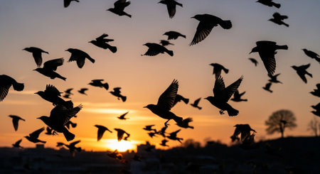 Silhouette of a flock of pigeons flying in the sunsetの写真素材