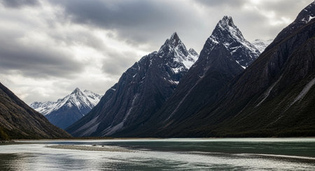 Natural landscape of alpine lake and mountain range under cloudy sky