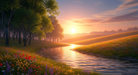 Beautiful spring landscape with river and meadow at sunrise. 3d renderの写真素材