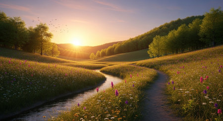 Sunset over a meadow with wildflowers and a stream