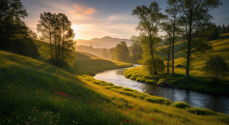 Sunset over the river in the mountains. Beautiful summer landscape.の写真素材