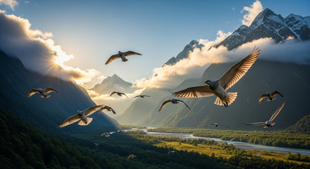 Beautiful landscape with flying seagulls in the mountains.