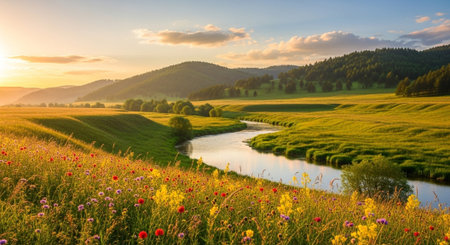 Beautiful summer landscape with meadow and river in mountains at sunset
