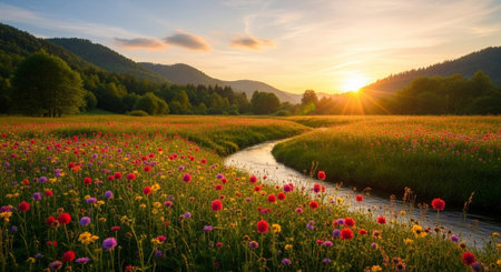 Sunset over a meadow with poppies and wildflowers