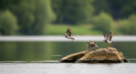 Group of seagulls on a rock in the lake.