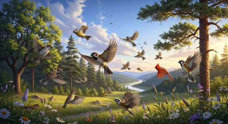 Flock of birds flying over meadow with flowers. 3d render