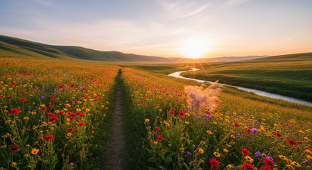 Sunset over a green meadow with wildflowers and path