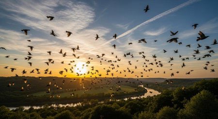 A flock of pigeons flying over the Danube river at sunset