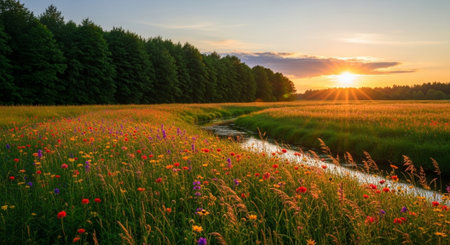 Sunset over a meadow with poppies and wildflowers
