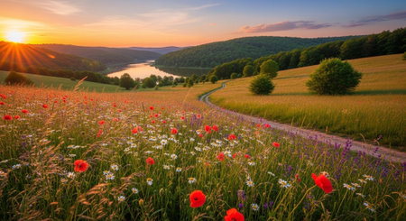 Meadow with poppies and road in the mountains at sunset