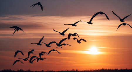 Silhouette of a flock of seagulls flying at sunsetの写真素材