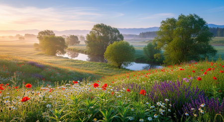 Beautiful spring landscape with blooming meadow and river at sunrise