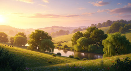 Beautiful summer landscape. Sunrise over the river and meadow.の写真素材