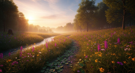 Beautiful spring landscape with meadow, river and trees at sunrise