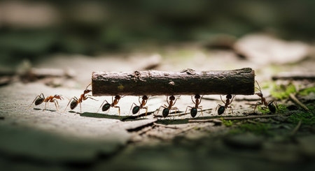 Ants on a log in the forest. Ants are looking for food.