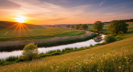 Sunset over a small river in the countryside. Spring landscape.