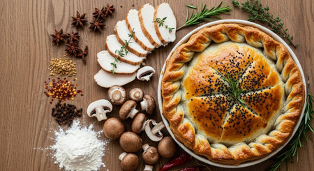 Homemade pie with mushrooms, spices and herbs on a wooden background