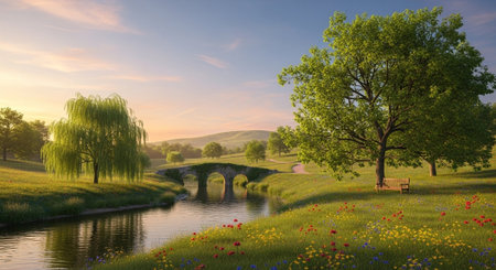 Old bridge over the river. Spring landscape. 3d render.