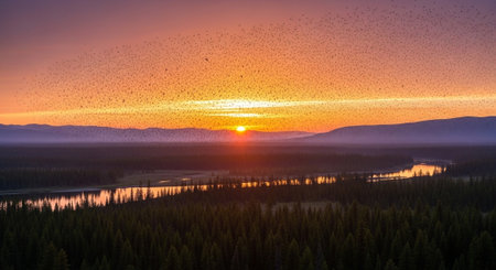 Flock of birds flying over the lake at sunrise in the summer