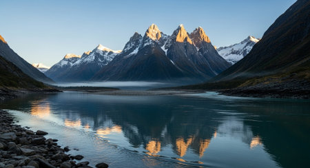 Beautiful landscape of Patagonia mountains reflected in the lake.