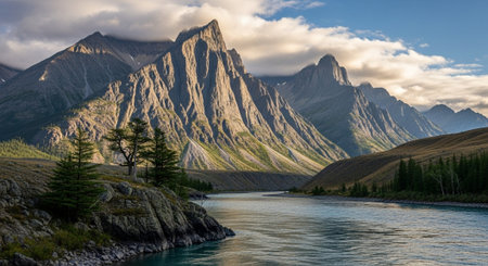 Panoramic view of the mountains and the river in the Altai Republic.