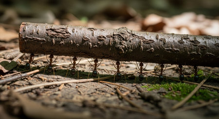 Ants on a tree branch in the forest. Selective focus.