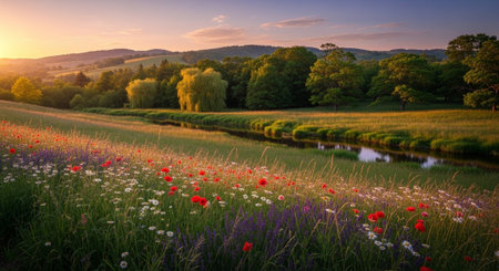 Beautiful sunset over the river and meadow with poppies