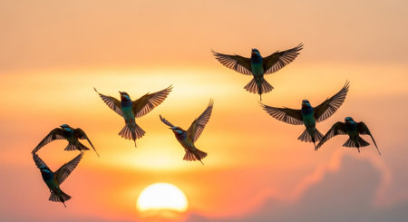 Group of Bee-Eater (Merops apiaster) in flight at sunset