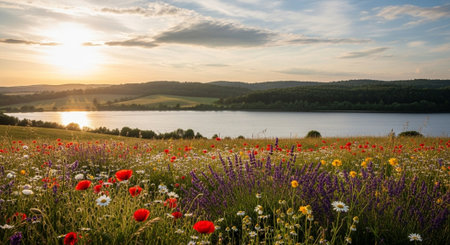 Beautiful summer landscape with a lake and wild flowers in the foreground