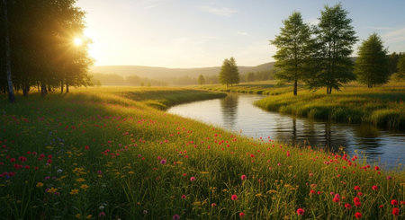 Beautiful spring landscape with river and meadow at sunset. Nature background.