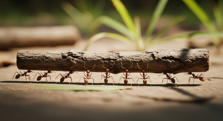 Ants walking on a log in the garden, teamwork concept.