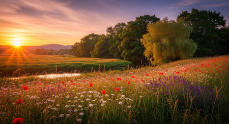 Sunset over a meadow with poppies and wildflowers