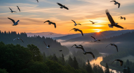 Foggy sunrise in the mountains with flying seagulls