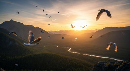 Seagulls flying in the sky over the mountains at sunset