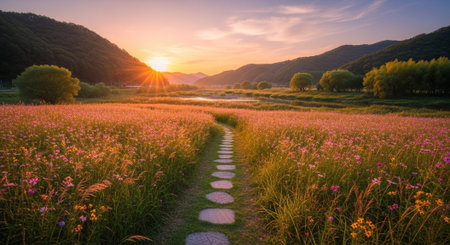 Beautiful sunset in the mountains with path and flowers in the meadowの写真素材