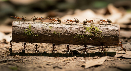 Ants on a log in the forest. Shallow depth of field.