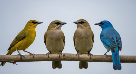 Group of birds sitting on a perch with blue and yellow colors